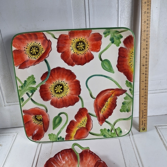 Vintage Clay Art Hand Painted Poppies 2001 Big Platter & Small Plate Red Orange - Picture 7 of 9